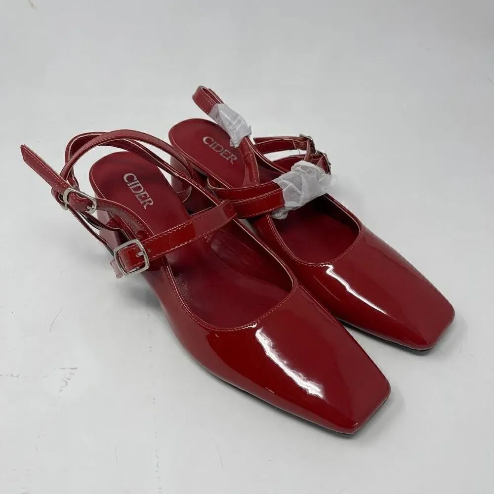 Cider Patent Red Strappy Point Toe Slingback Chunky Heels Size 38 NWOT